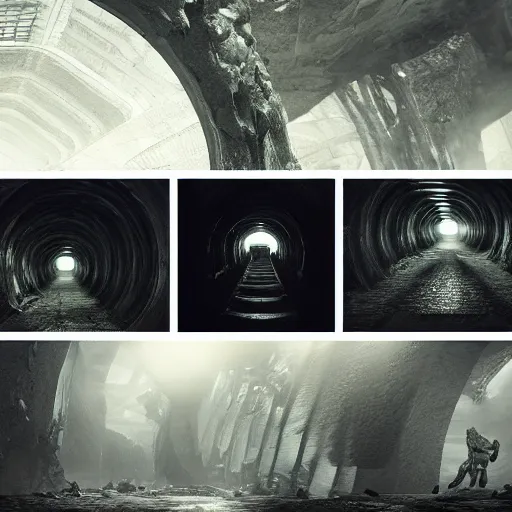 Prompt: tunnel full of monsters, epic, hyperrealistic photograph of the edge of time, dim volumetric lighting, 8 k, octane beautifully detailed render, extremely hyper detailed, intricate, epic composition, cinematic lighting, masterpiece, trending on artstation, very very detailed, stunning, hdr, smooth, sharp focus, high resolution, award, winning photo, dslr, 5 0 mm
