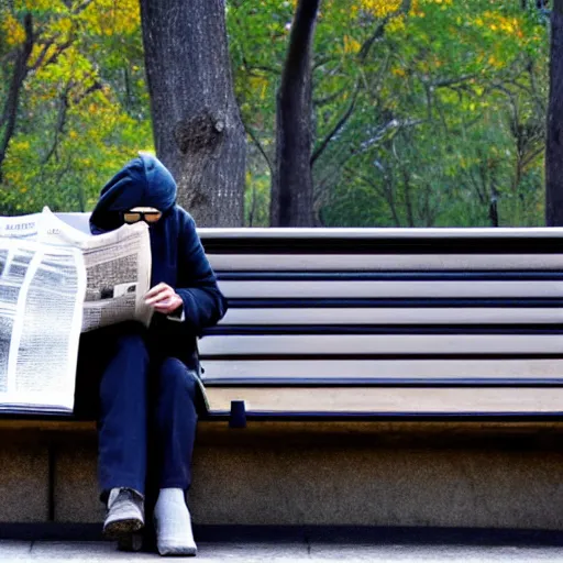 Prompt: a lizard in a trenchcoat reading the newspaper while sitting on a bench in the city park