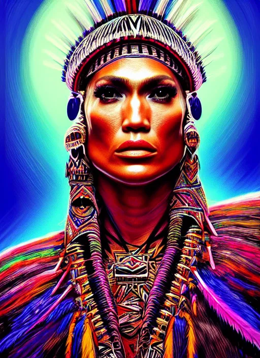 Prompt: portrait of jennifer lopez, hyper detailed ultra sharp aztec shaman warrior. trending on artstation, warpaint aesthetic, bloodwave, colorful, psychedelic, ornate, intricate, digital painting, concept art, smooth, sharp focus, illustration, art by artgerm and greg rutkowski and h. r. giger, 8 k