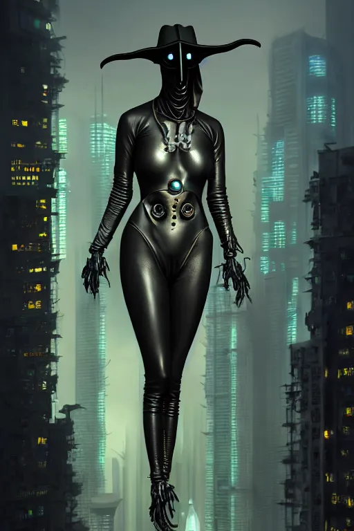 Prompt: 3 / 4 stunning photorealistic portrait of a female plague doctor in a kowloon! cyberpunk cityscape, bioluminescent biomechanical bodysuit, fractal acid rain, dark fantasy, by artgerm and sorayama and alphonse mucha, ultrarealistic, hyperdetailed, trending on artstation, octane render