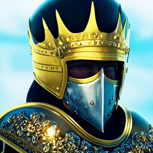 Image similar to a highly detailed knight in a T golden helmet and a golden crown with a blue diamond in the center, golden armor, leather clothes under the armor, leather gloves, holds a black sword, artstation, DeviantArt, professional, octane render, sunset lighting