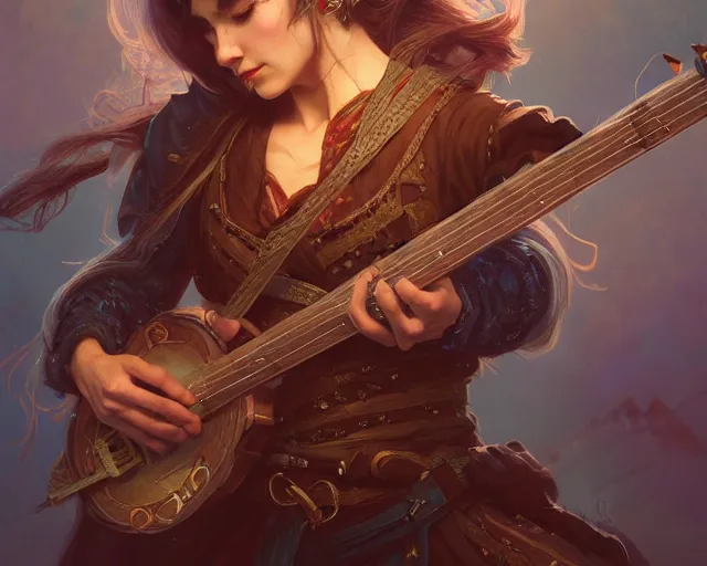 Image similar to photography of a bard with an axe guitar 8 k, deep focus, d & d, fantasy, intricate, elegant, highly detailed, digital painting, artstation, concept art, matte, sharp focus, illustration, hearthstone, art by artgerm and greg rutkowski and alphonse mucha