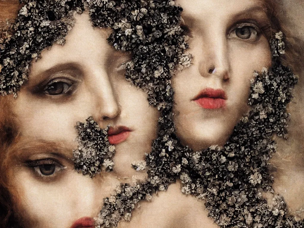 Prompt: hyperrealism close - up mythological portrait of a beautiful medieval women's shattered faces partially made of black flowers in style of classicism using the fibonacci golden ratio, pale skin, ivory make up on the eyes, wearing black silk robes, dark and dull palette