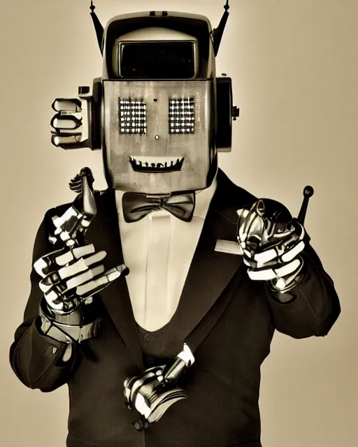 Image similar to Eddie Mendoza portraits of a anthropomorphic-robot cyber-face techno mask in black tie suit retro photo by Louis Daguerre