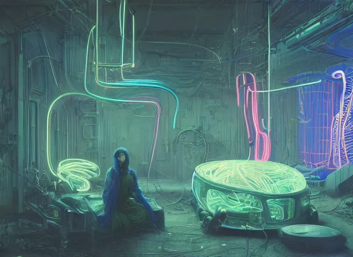 Image similar to A kitche, neon, RGB, glowing wires everywhere, by Edgar Maxence and Ross Tran, Zdzisław Beksiński, and Michael Whelan, distant, gustav dore, H.R. Giger, 8k, octane render