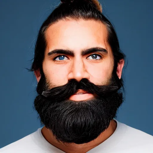 Image similar to portrait of a man in his 30s with a long black beard and black hair pulled back into a pony tail, medium plump nose, blue eyes, tan complexion, visible gauges in both ears.
