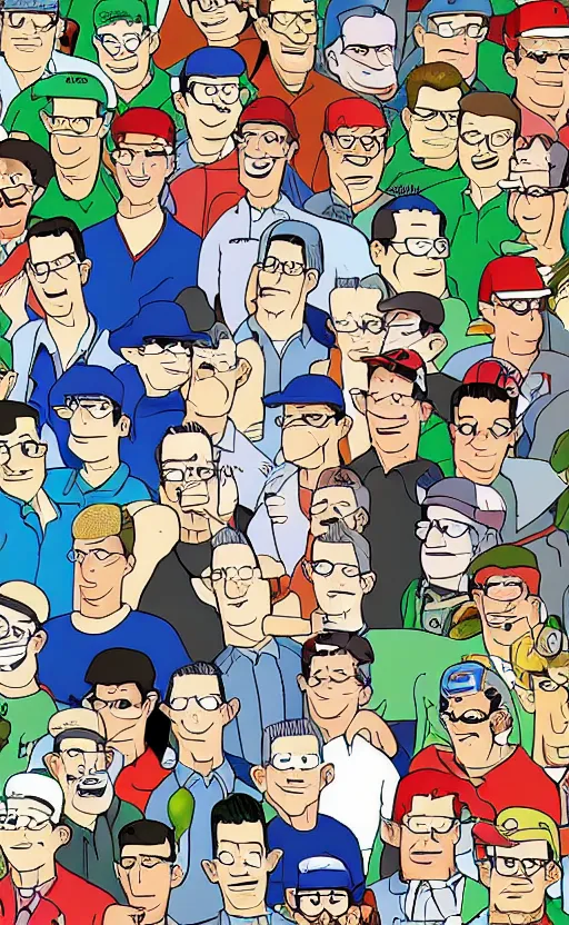 Image similar to hank hill in the style of'where's waldo'book