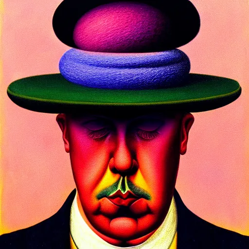 Prompt: An extremely psychedelic portrait of Rene Magritte, surreal, LSD, face, detailed, intricate, elegant, lithe, highly detailed, digital painting, artstation, concept art, smooth, sharp focus, illustration