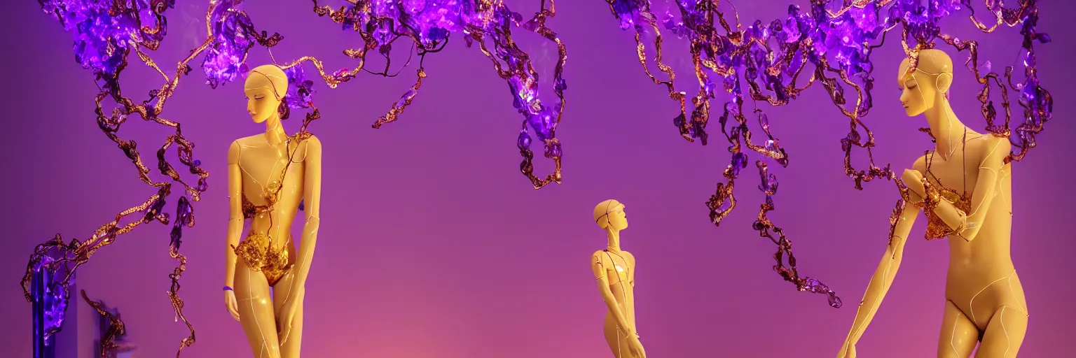 Image similar to beautiful mannequin sculpted out of amethyst by billelis + lit with geometric neon dripping gold + kintsugi, facing a doorway opening with neon pink geometric fractal light + flowering bonsai trees + lighting in background!!, transcendent, clean linework, dramatic, finely detailed, award winning, 4 k, trending on artstation, photorealistic, volumetric lighting, octane render