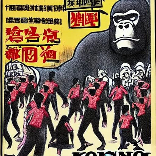 Image similar to glossy old advertising poster, king kong walking through crowded hong kong street, horror, drawn comic by junji ito, pastels, gradient