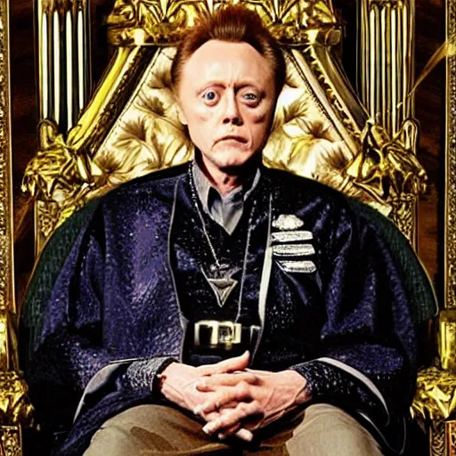 Image similar to Christopher Walken as a menacing space emperor seated on an ostentatious throne