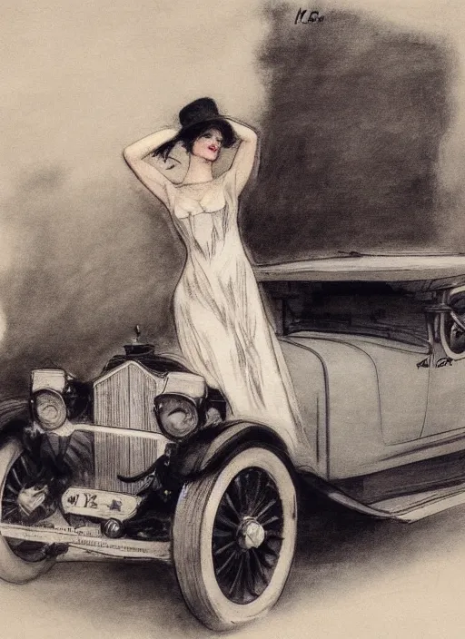 Image similar to Louis Icart, a drawing of a woman posing in front of a 1920's car by Louis Icart, highly detailed, masterpiece, trending on ArtStation, ultra realistic