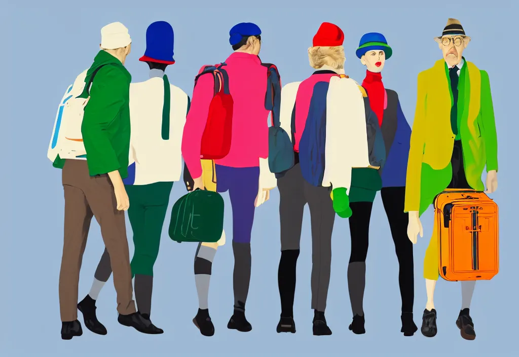 Image similar to full body portrait of a trio of european tourists autumn travel apparel, various poses walking and carrying luggage, character designs painting, in the style of wes anderson, rene magritte, lola dupre, david hockney, isolated on white background, dark monochrome neon spraypaint accents volumetric octane render