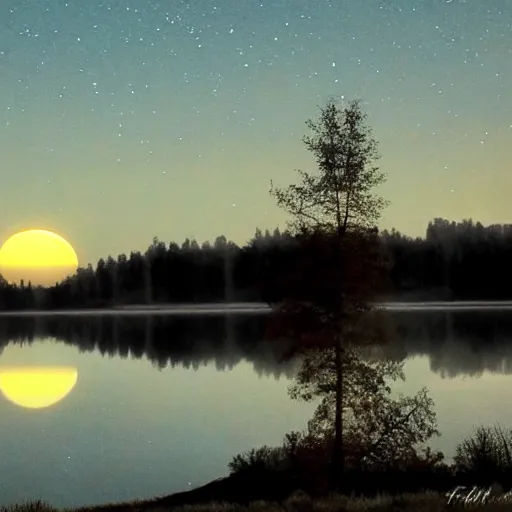 Prompt: wolf moon rising over lake, ethereal, peaceful