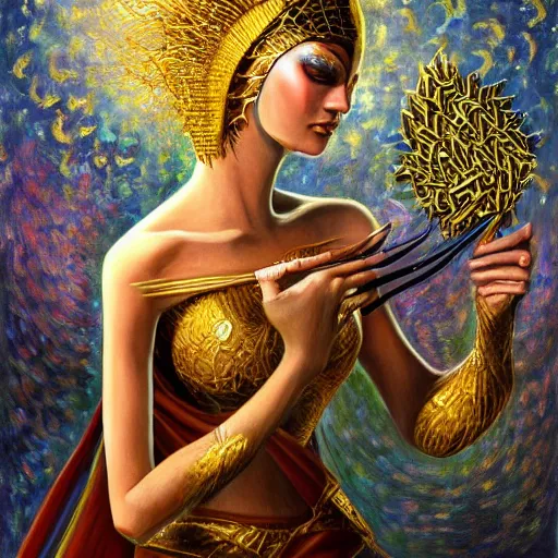 Prompt: angry beautiful Goddess of life with a veil, dark Goddess of artificial intelligence creating an artificial neural network with gold synapses on an anvil with her scythe, high resolution, award winning art, trending on art station, sharp image, incredibly detailed, detailed character, realistic painting, hyper-realistic painting, coherent painting, master piece by ramon y cajal