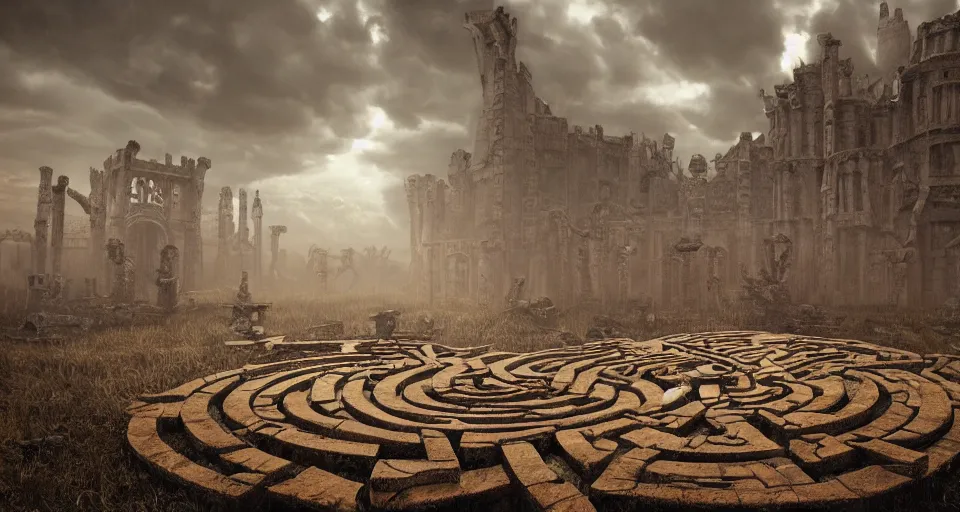 Image similar to circular bone labyrinth made out of giant bones, art deco medieval style, grimdark vibes, golden skeleton statue in center of labyrinth, abandoned vibes, gloomy moody clouds, god sun rays, complimentary color scheme, G liulian Art style, dynamic lighting, highly detailed, cinematic landscape, octane render, unreal engine