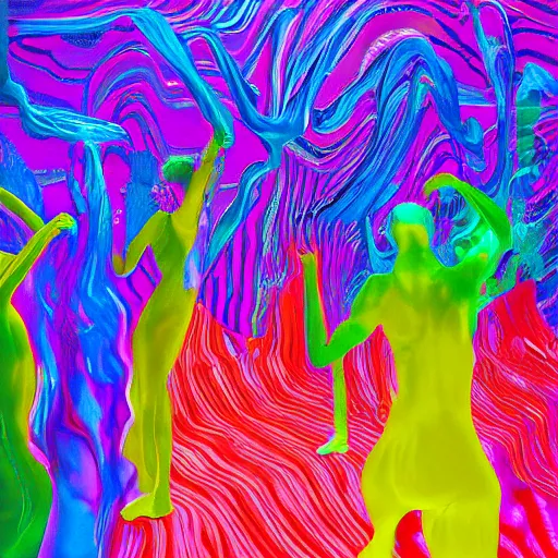 Prompt: liquid people dancing in a lightfull room by lynda benglis, hyperrealistic, colorful shadows, high detail, digital art