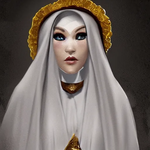 Image similar to female character design inspired by venice carnival and nun outfit, concept art, smooth