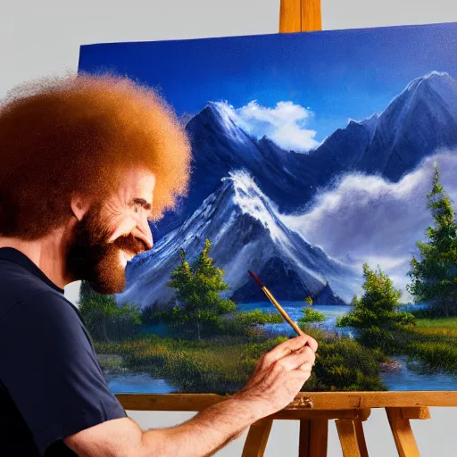 Image similar to a closeup photorealistic photograph of bob ross working on a canvas painting of spiderman. film still. brightly lit scene. mountains and trees. this 4 k hd image is trending on artstation, featured on behance, well - rendered, extra crisp, features intricate detail, epic composition and the style of unreal engine.