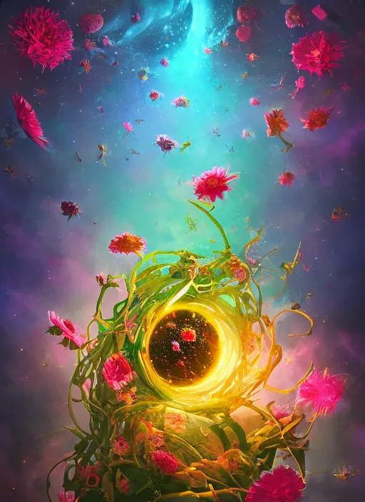 Image similar to An epic fantastic realism comic book style painting of the most beautiful spiraling flowers launched across the dark and starry Universe, floating bouquets, fisheye lens, unreal 5, DAZ, hyperrealistic, octane render, dynamic lighting