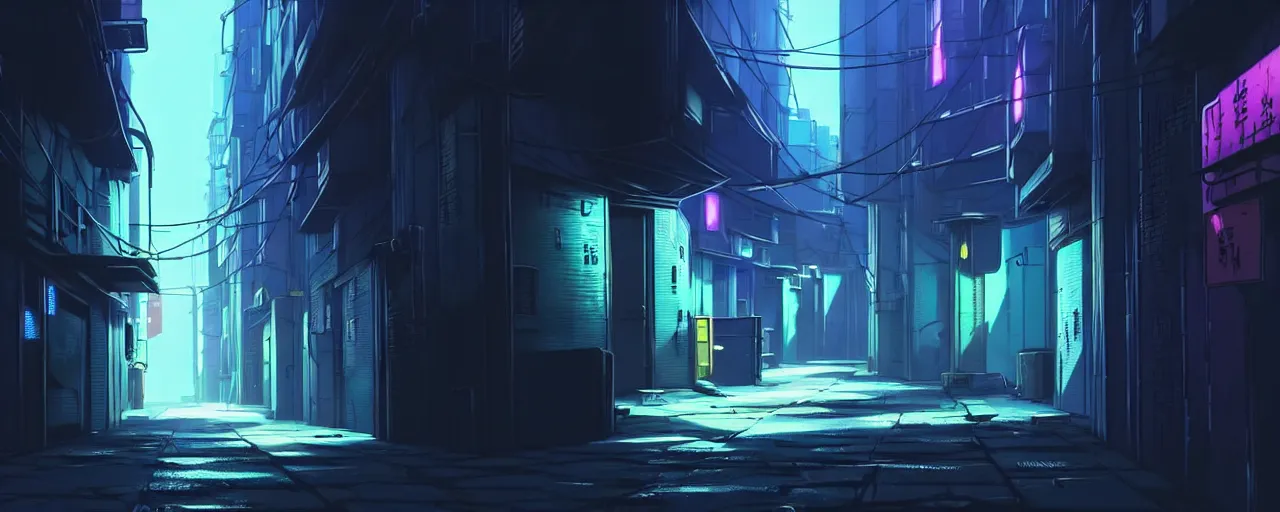 Prompt: a close up of a city alleyway in the atmospheric cyberpunk anime film, gouache matte background painting, neon noir, at night with lights, by makoto shinkai, in the anime series ergo proxy, beautiful specular edge highlights and rim lighting