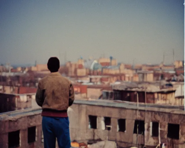 Image similar to lomo photo of man standing on the roof of soviet hrushevka, small town, cinestill, bokeh, out of focus