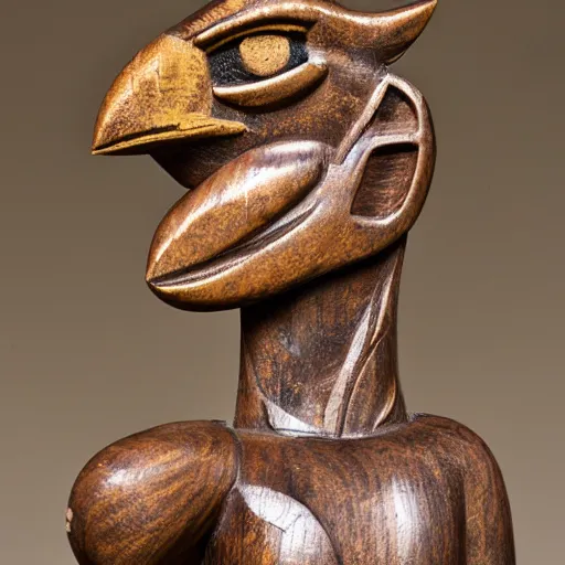 Image similar to wooden sculpture of a miner holding a rooster, polished maple, thoughtful, elegant, real