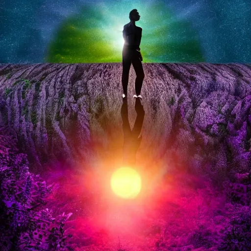 Prompt: A picture of a planet of various colors and plants, in which a human figure dressed in something magical and impressive, inside a picture of infinity, sunset light, Atmospheric Phenomenon art photography