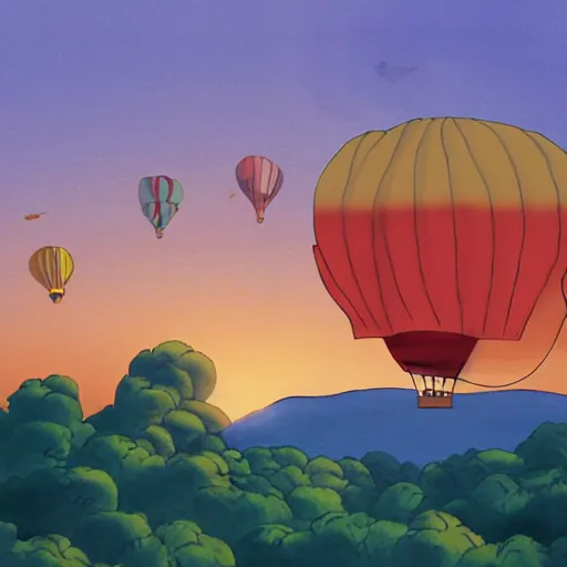 Prompt: saxophone shaped hot air balloon at sunset by studio ghibli