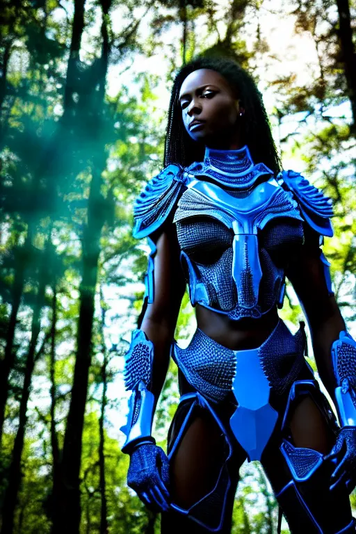 Image similar to hyperrealistic mithra gorgeous black woman intricate exoskeleton bone armor in a forest sun behind her concept art eric zener elson peter cinematic blue light low angle hd 8k sharp shallow depth of field