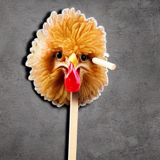 Prompt: a chicken impaled on a lolly stick, photo realistic