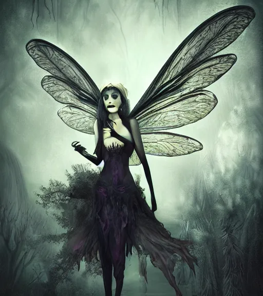 Image similar to gothic fairy with dragonfly wings, digital painting, liminal eerie midnight backlit, a picture taken by Michael Komarck