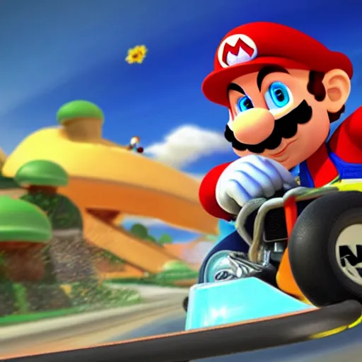 Image similar to mario kart in real life uncanny valley incredible photography photorealistic hyperrealism realistical lifelike