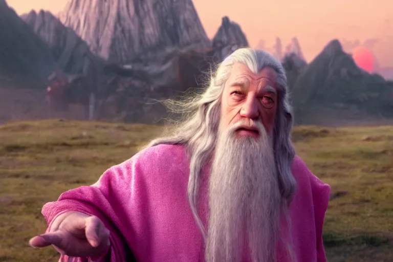 Image similar to portrait of Gandalf wearing pink Hello kitty costume, serene expression, sunrise, movie still from Lord of the Rings, cinematic