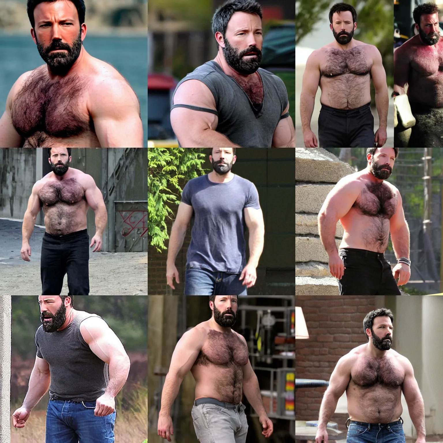 Prompt: ben affleck as a big burly padded hairy strongman