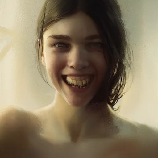 Prompt: epic portrait of a beautiful girl with an unnaturally wide smile, beautiful!, dewy skin, ethereal, painting, concept art, warm lighting, greg rutkowski