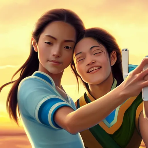 Image similar to beautiful serene intricate portrait of katara and toph beifong taking a selfie, smiling softly, relaxing on the beach, golden hour, soft focus, 8 k, art by irakli nadar, hyperrealism, hyperdetailed, ultra realistic