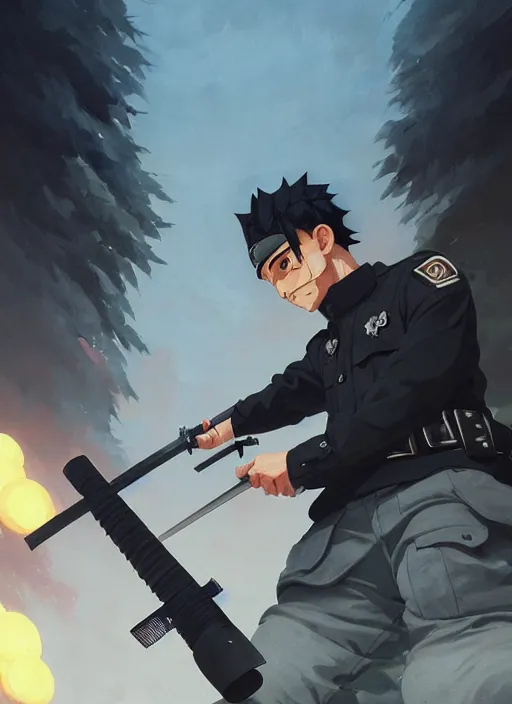 Image similar to highly detailed polish policeman fighting with katana wielding naruto uzumaki with black hair, fighting with polish policeman art by greg rutkowski, loish, rhads, ferdinand knab, makoto shinkai and lois van baarle, ilya kuvshinov, rossdraws, tom bagshaw, global illumination, radiant light, detailed and intricate environment