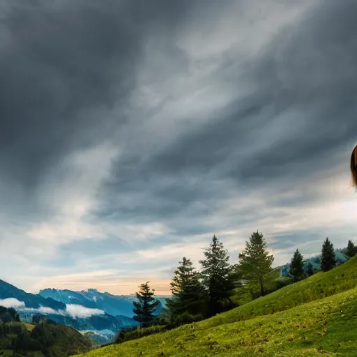 Image similar to a beautiful photograph of a girl with switzerland landscape in the background with trees, hdr, 8 k, high quality, sharp focus, artstation, highly detailed, award - winning, dramatic lighting, beautiful clouds, and nature