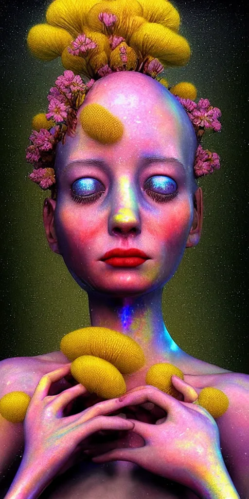 Image similar to hyper detailed 3d render like a Oil painting - portrait sculpt of Aurora (Singer) seen in mascara Lips on the Strangling network of yellowcake aerochrome and milky Fruit that covers her body wearing a 1950s dress and Her delicate Hands hold of gossamer polyp blossoms bring iridescent fungal flowers whose spores black the foolish stars by Jacek Yerka, Mariusz Lewandowski, Houdini algorithmic generative render, Abstract brush strokes, Masterpiece, Edward Hopper and James Gilleard, Zdzislaw Beksinski, Mark Ryden, Wolfgang Lettl, hints of Yayoi Kasuma, octane render, 8k