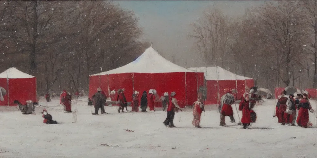 Image similar to a big circus in the snow ground, oil painting, red and white color, no people