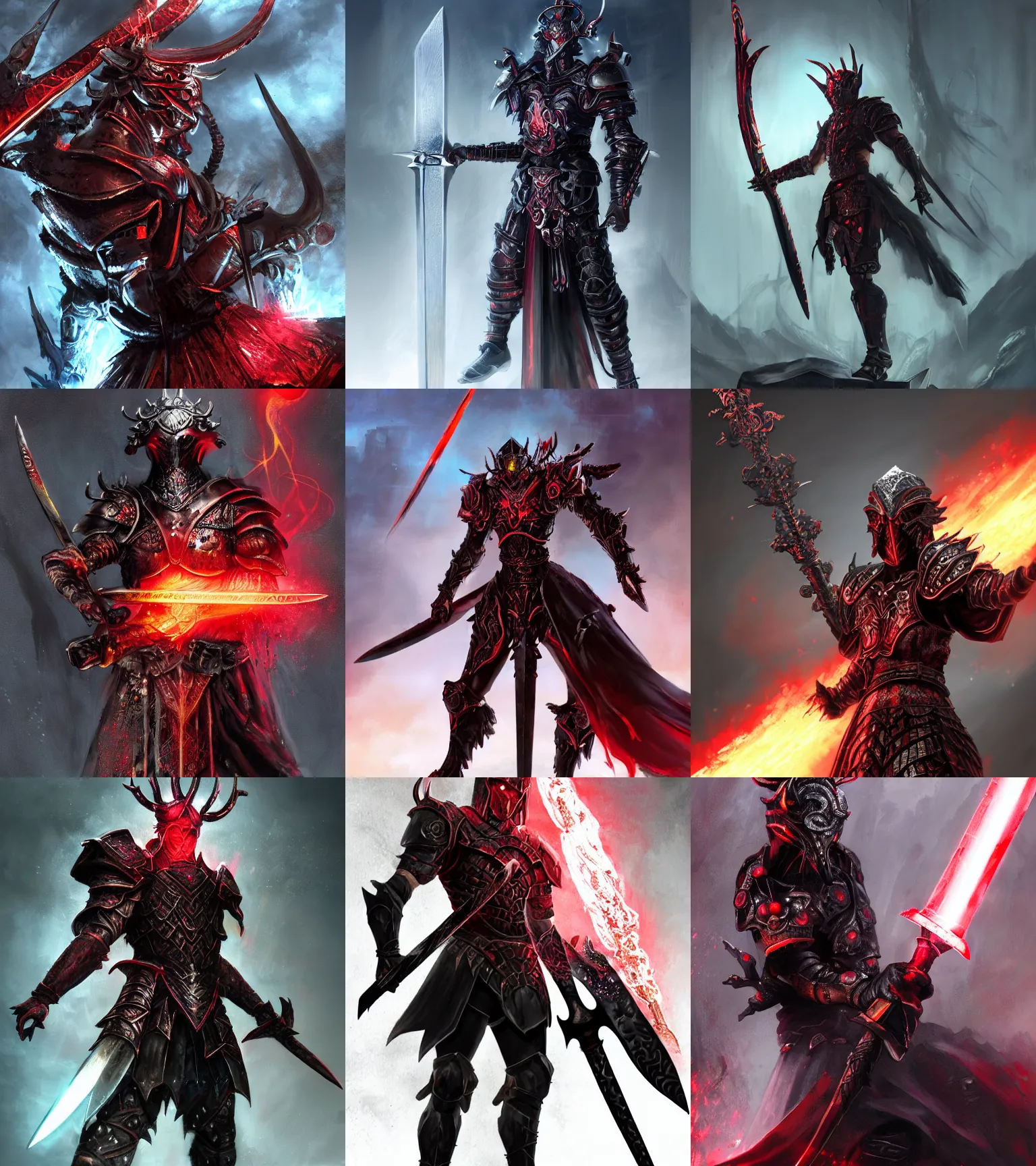 Prompt: legendary warrior king with a body of red thick iridescent metal scales, dark and ominous, cybernetic, powerful god, battle stance brandishing sword, 3 d concept artwork, obsidian gothic sword antlers helmet, realistic, gothic, gritty, matte, fire, detailed, rich iridescent specular colors, makoto shinkai, greg rutkowski, colorful, hd