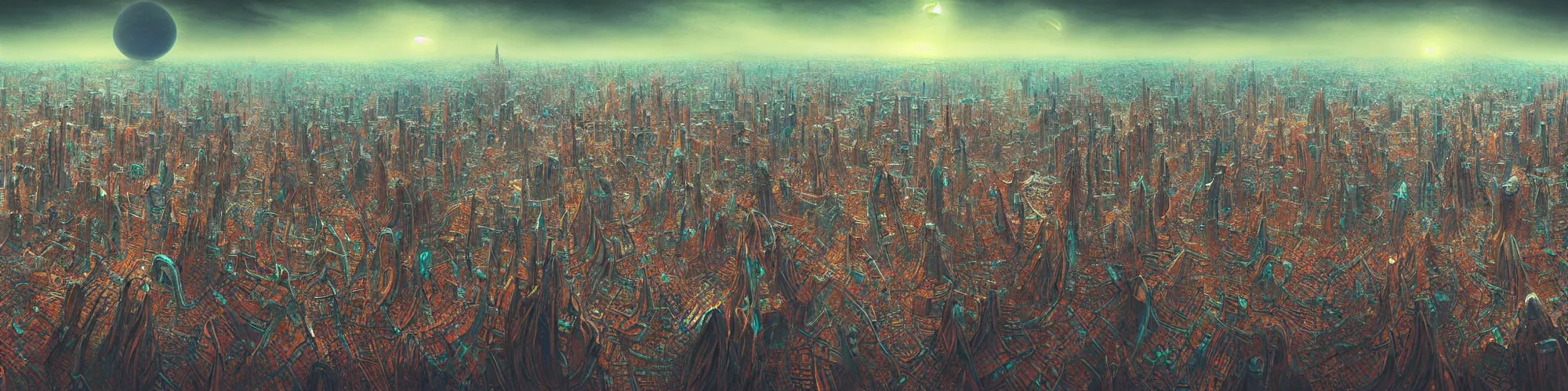 Prompt: seamless psychedelic alien city made out of processors. digital art by zdzisław beksinski extremely detailed, digital art, otherworldly, nasa photo, realistic landscape photography award winning, houdini render, panoramic photography, hdri