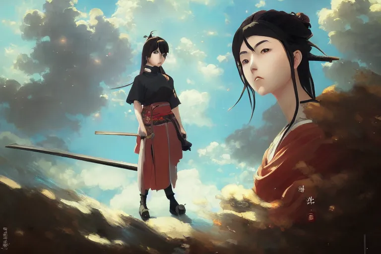 Image similar to baroque oil painting of anime key visual concept art of a samurai girl, very anime, stars vackground, trending on artstation, oil on canvas, style of makoto shinkai greg rutkowski studio ghibli