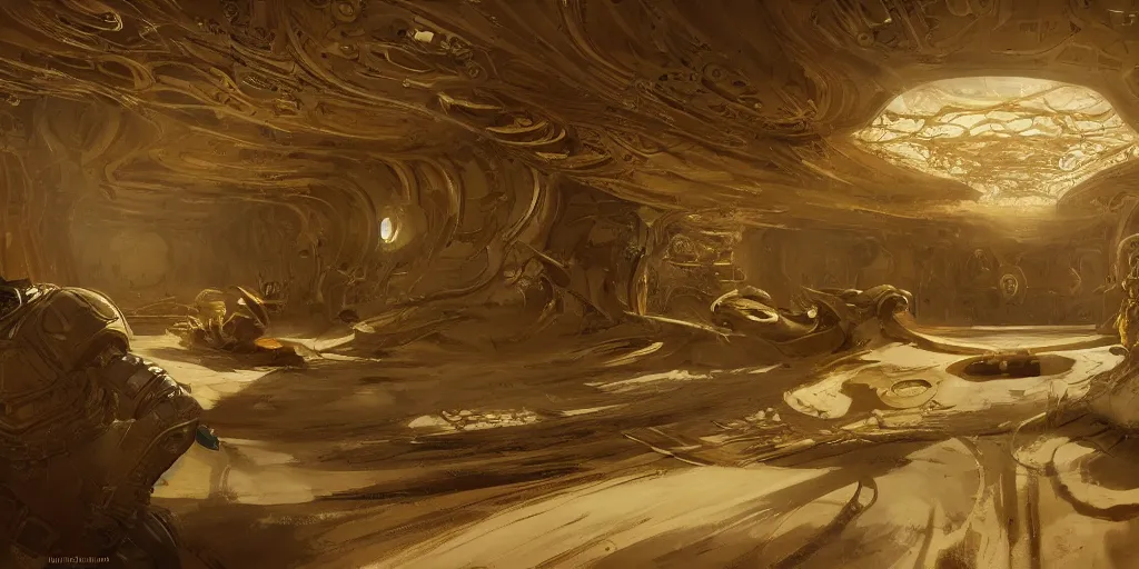 Image similar to luxury apartment interior, dune movie, intricate, elegant, highly detailed, john park, craig mullins, sparth, ruan jia, jeffrey catherine jones