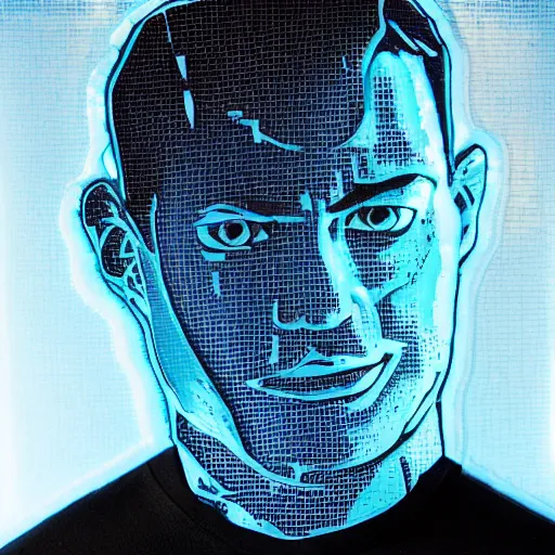 Image similar to man portrait made out of ice, beautiful, cyborg, comic book art, neon