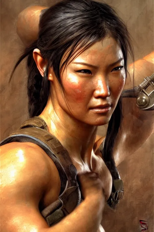 Image similar to muscular sweat chinese lara croft, exhausted face close up, highly detailed painting by gaston bussiere, craig mullins, j. c. leyendecker 8 k