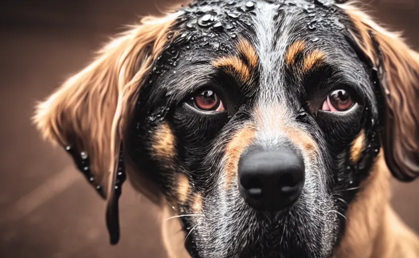 Image similar to studio photography of a sad dog sitting in rain, detailed face, 8 k