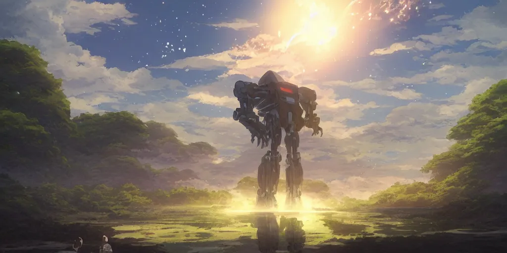 Prompt: Mecha standing near the river, beautiful landscape made by Studio Ghibli, volumetric lighting, highly detailed art, concept art, Greg Rutkowski, Ayami Kojima, James Jean, Yoshitaka Amano, sunset, beautiful scene, shooting stars, sharp focus, smooth, 8k, anime art,depth of field, dynamic sky