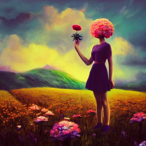 Prompt: girl with a blooming flower for a head, surreal photography, dream, standing in flower field, magical, in a valley, sunrise dramatic light, impressionist painting, colorful clouds, artstation, simon stalenhag, blooming flower face